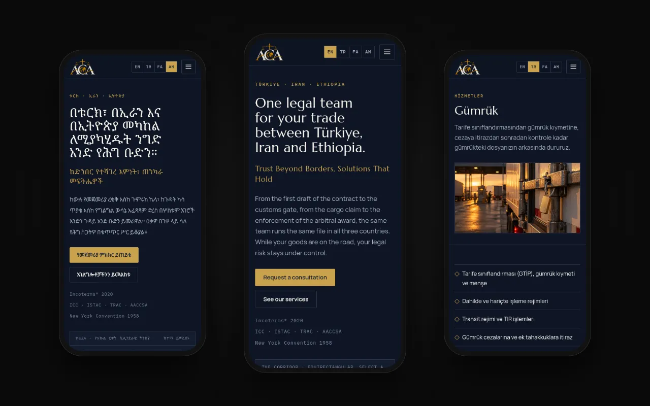 ACA Legal Partnership'in mobil görünümü: Amharca ana sayfa, İngilizce ana sayfa ve Türkçe Gümrük hizmet sayfası üç telefonda