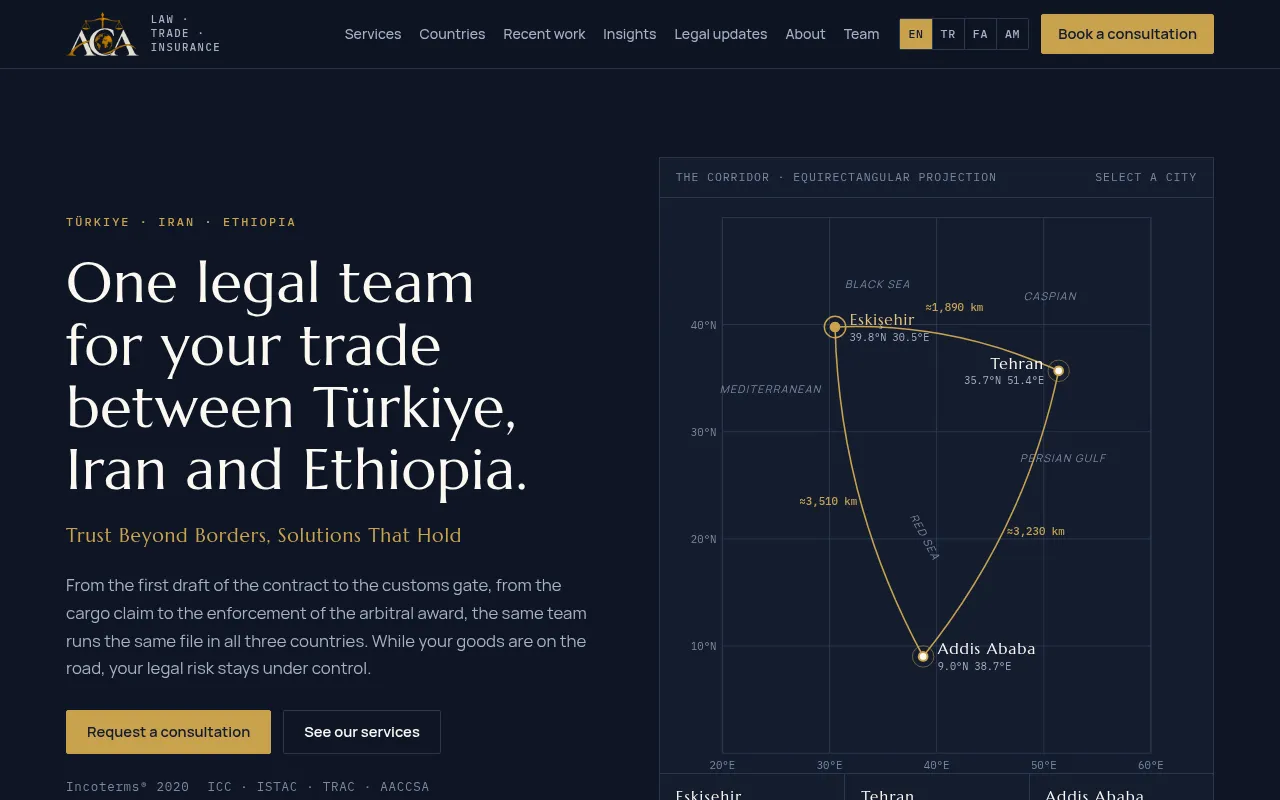 acalegalpartnership.com ana sayfası: lacivert zemin üzerinde 'One legal team for your trade between Türkiye, Iran and Ethiopia.' başlığı, altın renkli danışmanlık düğmesi ve sağda Eskişehir, Tahran ve Addis Ababa'yı altın çizgilerle birleştiren koordinatlı harita.