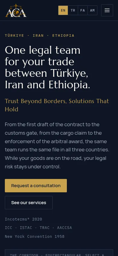 acalegalpartnership.com ana sayfasının telefon görünümü: dil seçici, ana başlık, slogan, kısa tanıtım metni ve danışmanlık düğmeleri.