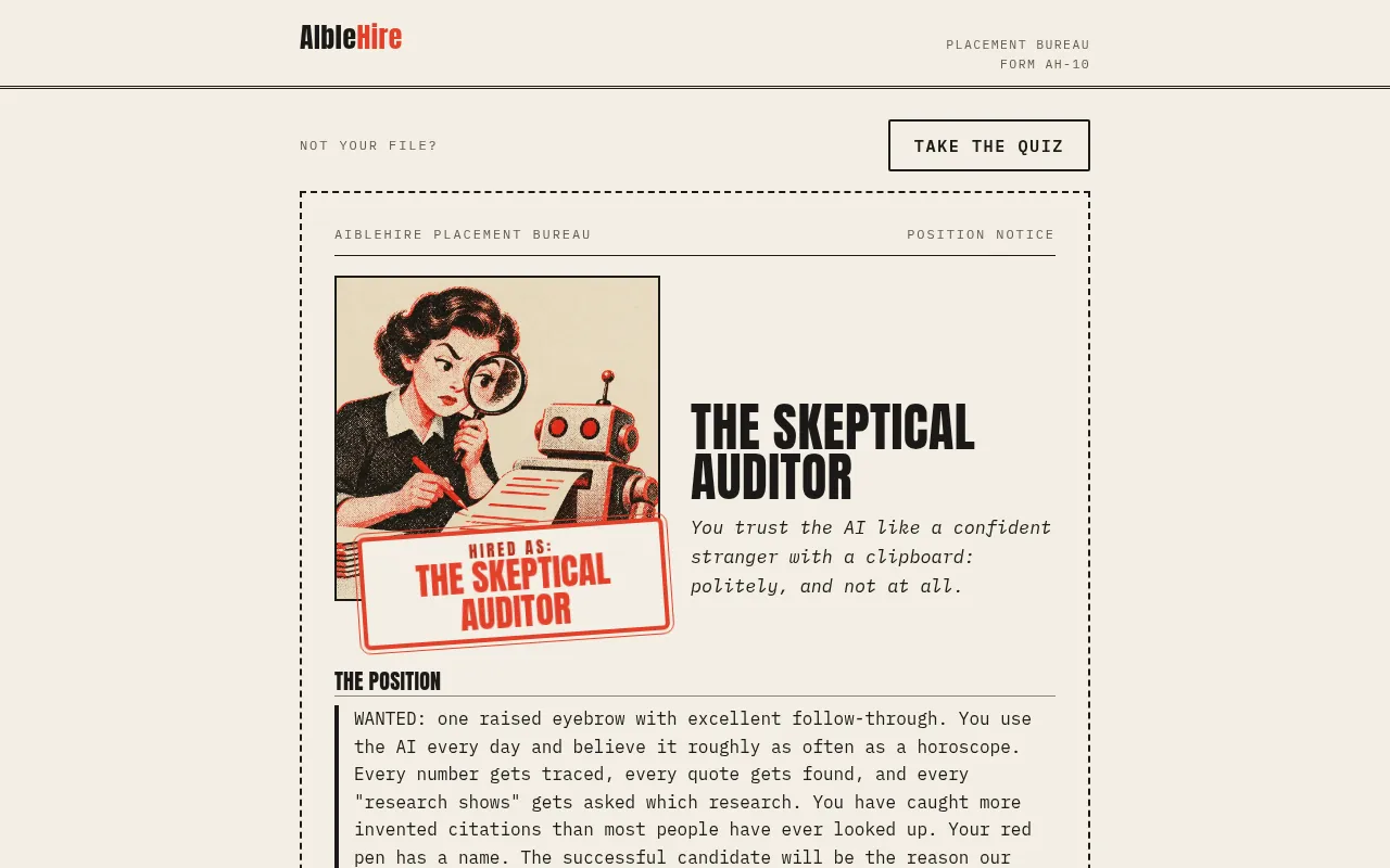 AIbleHire sonuç sayfası: The Skeptical Auditor için yazılmış iş ilanı ve üzerine basılmış kırmızı 'Hired as' mührü