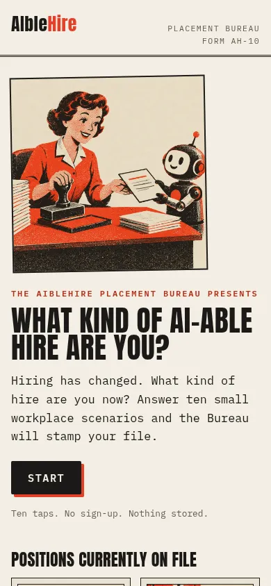 aiblehire.com ana sayfasının telefon görünümü: mühürlü memur illüstrasyonu, test başlığı, slogan ve Start düğmesi.