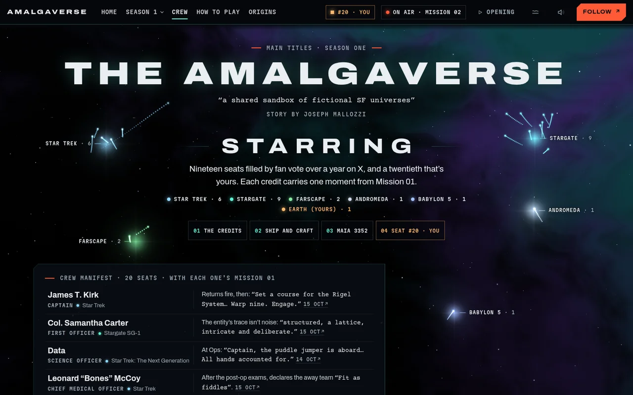 Amalgaverse ekip sayfası: yıldız haritası üzerinde serilerin takımyıldızları ve 20 koltukluk ekip listesi