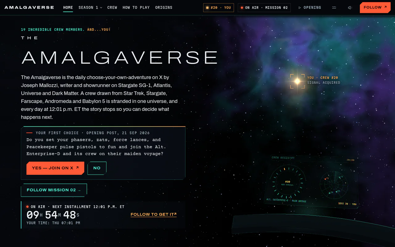 amalgaverse.link ana sayfası: koyu bir yıldız alanı üzerinde büyük Amalgaverse başlığı, serinin tanıtım metni, okurun ilk seçimi için Yes ve No düğmeleri ve bir sonraki bölüme geri sayım.