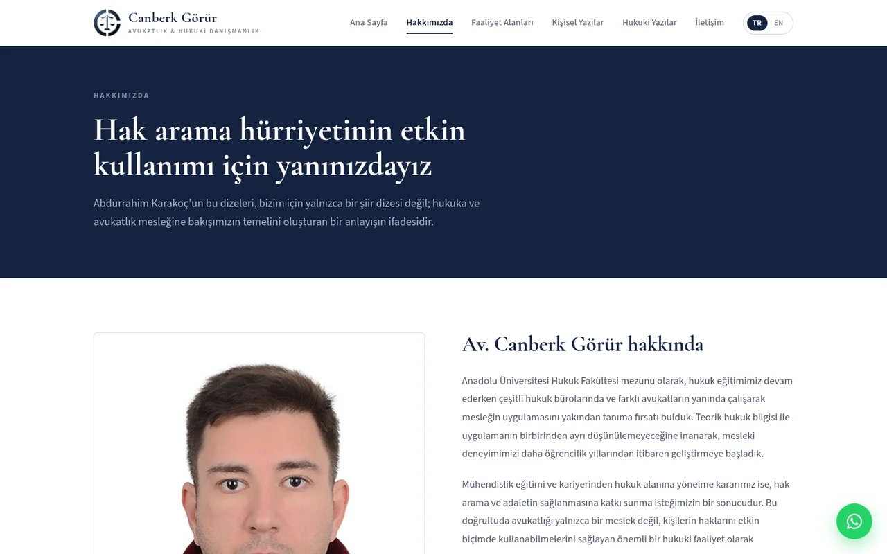 Av. Canberk Görür sitesinin hakkımızda sayfası: avukatın portresi ve mesleki yaklaşımını anlatan metin