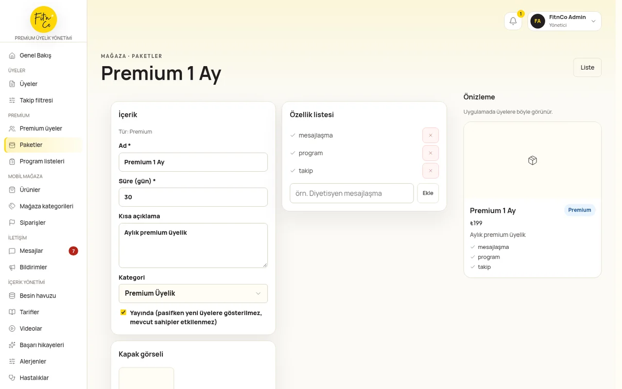 Fit'n Co yönetim paneli: premium üyelik paketinin içeriğini düzenleme ve uygulamadaki önizlemesi
