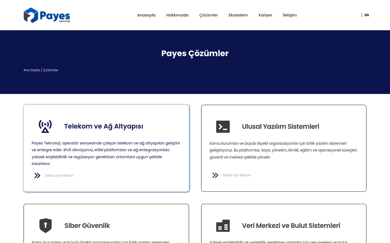 Payes Teknoloji çözümler sayfası: telekom, ulusal yazılım, siber güvenlik ve veri merkezi kartları