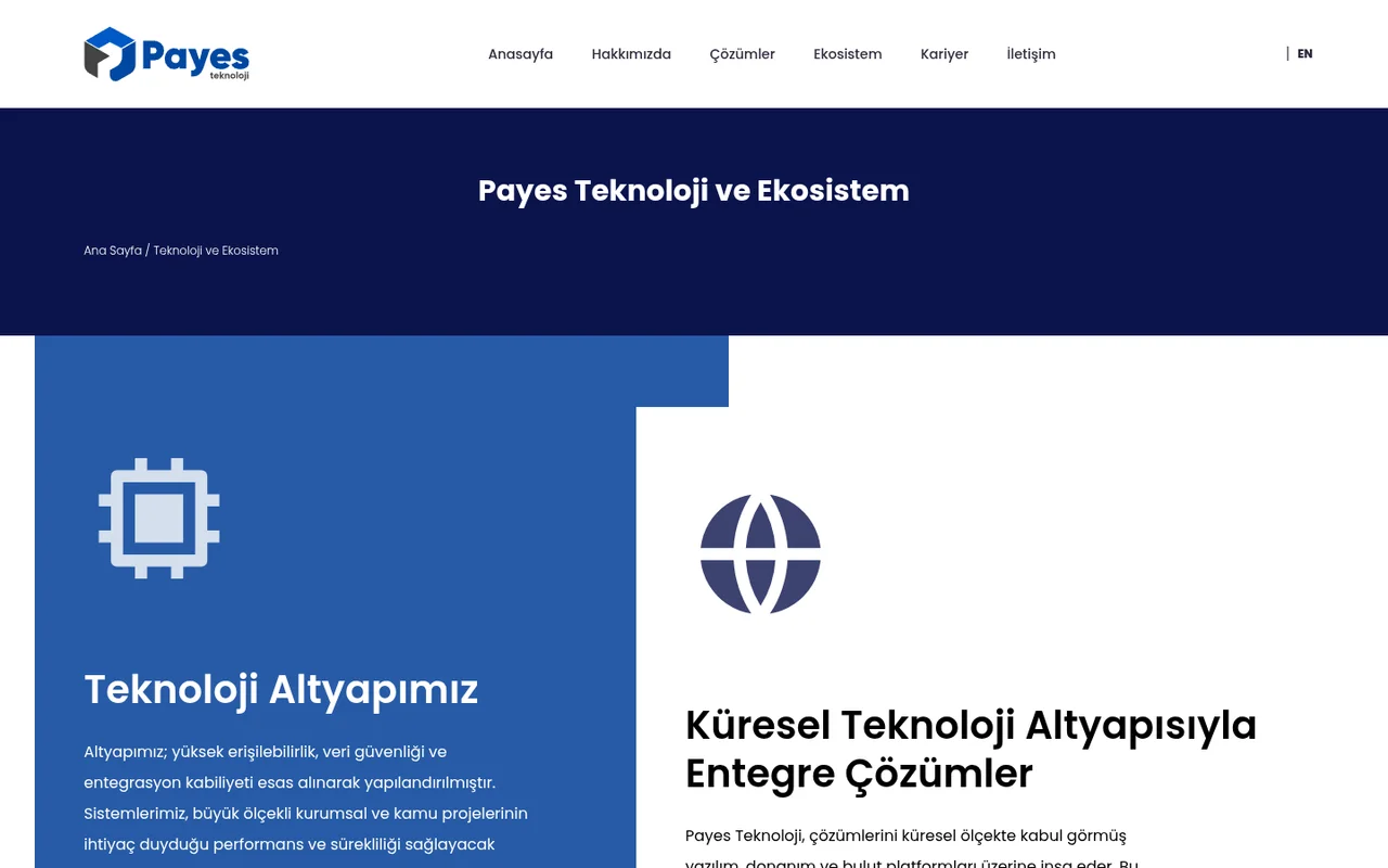 Payes Teknoloji ekosistem sayfası: teknoloji altyapısı ve küresel entegrasyon bölümleri