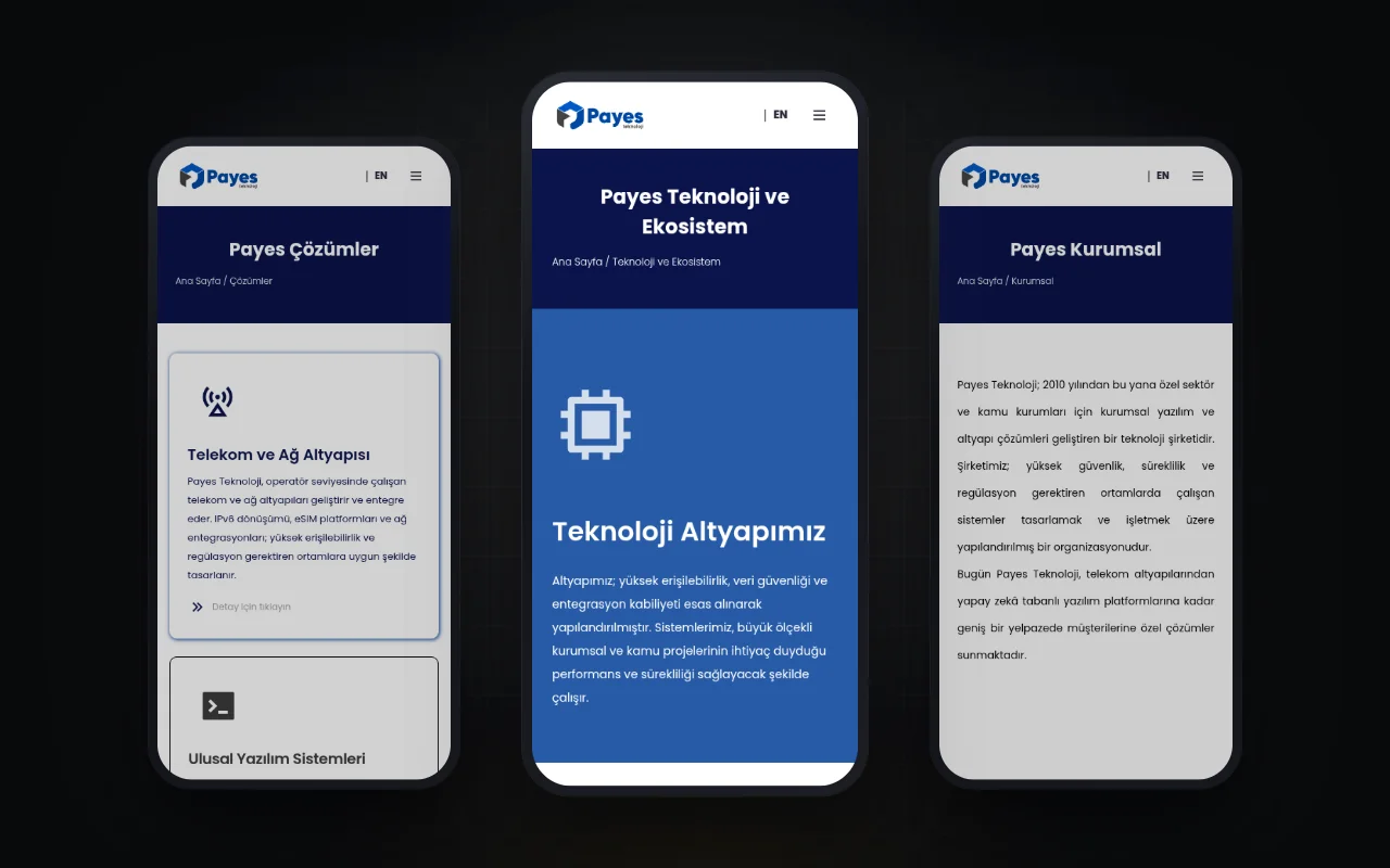 Payes Teknoloji sitesinin mobil görünümü: çözümler, ekosistem ve kurumsal sayfalar üç telefonda