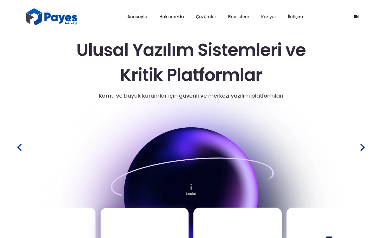 payesteknoloji.com ana sayfası: 'Ulusal Yazılım Sistemleri ve Kritik Platformlar' başlığı, altında mor ışıklı bir küre ve çözüm kartlarının başladığı giriş alanı.