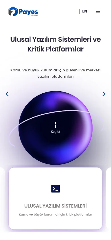 payesteknoloji.com ana sayfasının telefon görünümü: üst menü, giriş başlığı ve mor ışıklı küre.