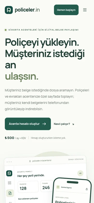 policeler.in açılış sayfasının telefon görünümü: başlık, acente hesabı oluşturma düğmesi, aylık abonelik bilgisi ve altta panel örneği.